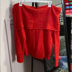 Off the shoulder red sweater. Super cute for Xmas!